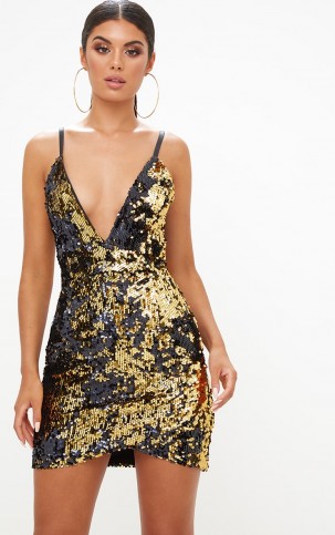 pretty little thing GOLD WRAP FRONT SEQUIN BODYCON DRESS / shiny sequined dresses