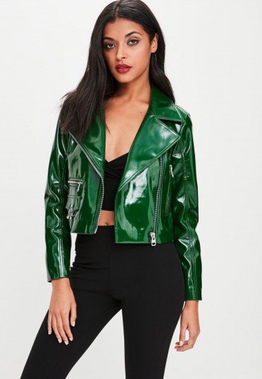 missguided green patent faux leather biker jacket / wet-look jackets