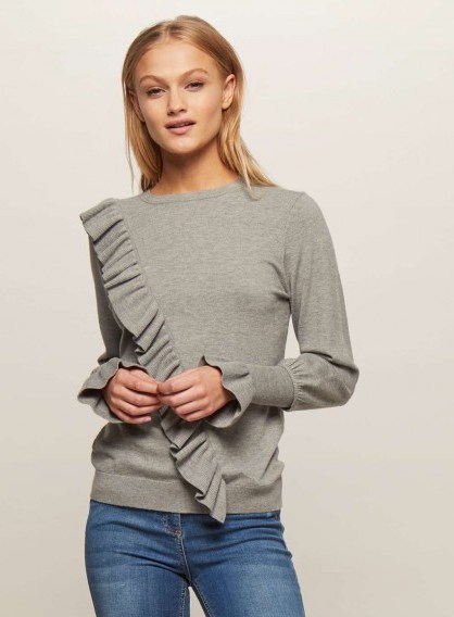 Miss Selfridge Grey Asymmetric Frill Knitted Jumper | ruffle jumpers | on-trend knitwear autumn/winter 2017-2018 - flipped