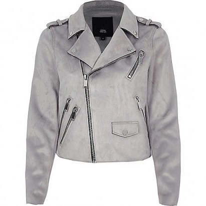 River Island Grey double zip faux suede biker jacket ~ jackets - flipped