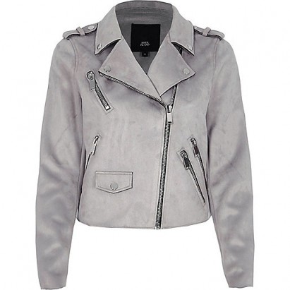 River Island Grey double zip faux suede biker jacket ~ jackets