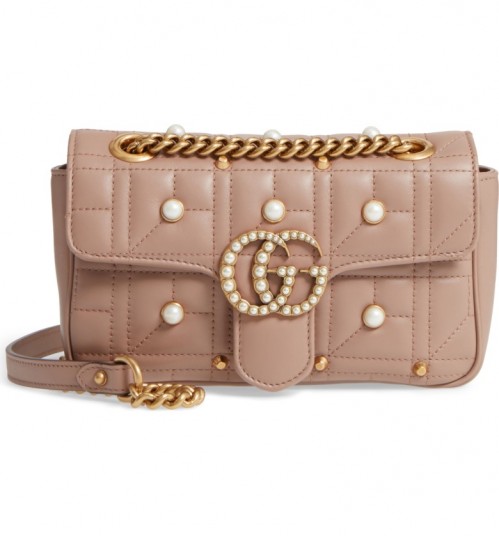 Mini GG Marmont 2.0 Imitation Pearl Logo Matelassé Leather Shoulder Bag by GUCCI | small pink embellished bags | luxe handbags