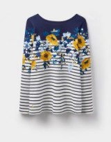 JOULES HARBOUR PRINT JERSEY TOP NAVY AND GOLD CAMELLIA BORDER / floral tops