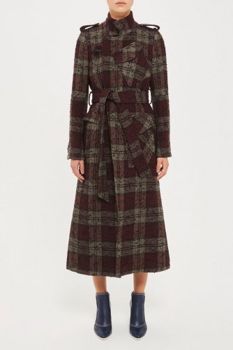 Topshop Heaton Check Trench Coat by Unique – large checked burgundy longline coats – military style winter outerwear - flipped