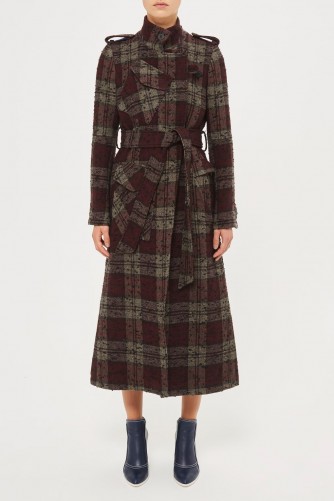 Topshop Heaton Check Trench Coat by Unique – large checked burgundy longline coats – military style winter outerwear