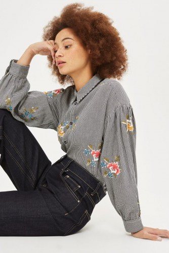 Topshop Houndstooth Print Embroidered Shirt / check printed floral shirts - flipped