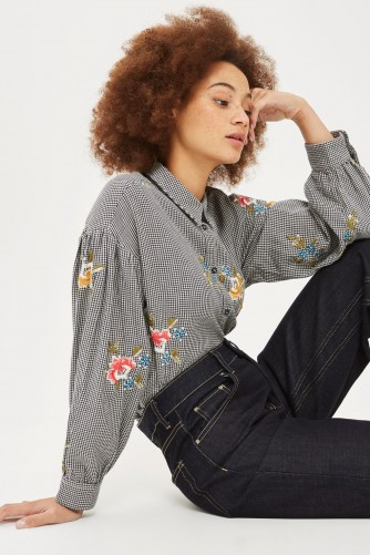 Topshop Houndstooth Print Embroidered Shirt / check printed floral shirts