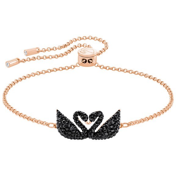 ICONIC SWAN DOUBLE BRACELET, BLACK, ROSE GOLD PLATING – black crystal bracelets – jewellery - flipped
