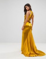 Jarlo High Neck Fishtail Maxi Dress With Strappy Open Back Detail – ochre yellow satin occasion dresses – glamorous evening gowns
