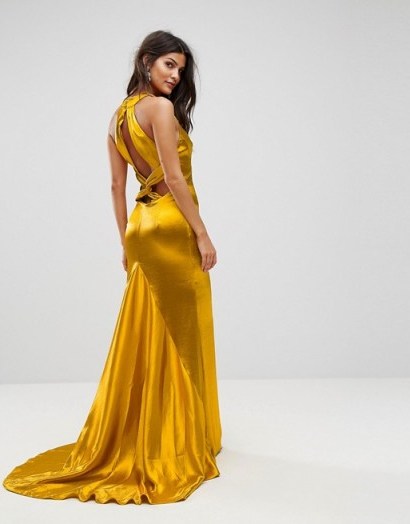 Jarlo High Neck Fishtail Maxi Dress With Strappy Open Back Detail – ochre yellow satin occasion dresses – glamorous evening gowns - flipped