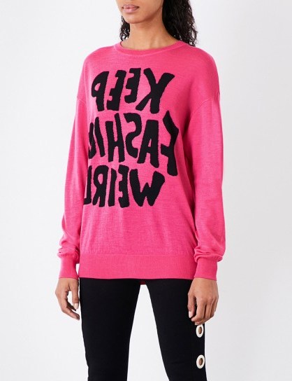 JEREMY SCOTT Keep Fashion Weird wool jumper / hot pink slogan jumpers - flipped