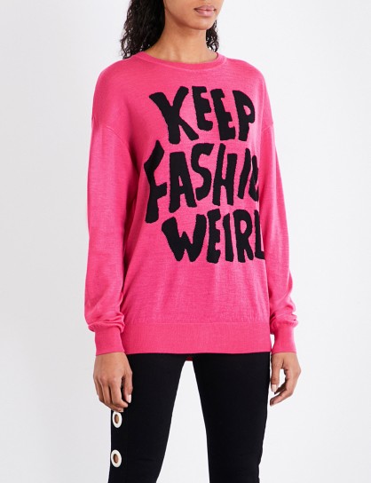 JEREMY SCOTT Keep Fashion Weird wool jumper / hot pink slogan jumpers