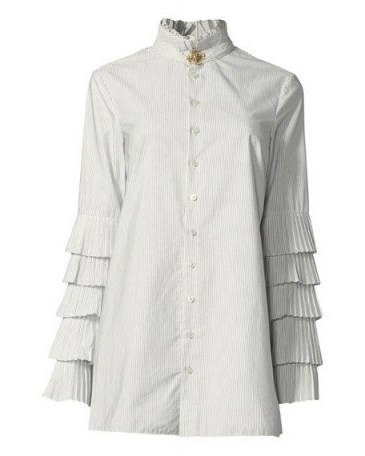 Olivia Palermo white high neck ruffle shirt worn on Instagram, Jonathan Simkhai Pleated Long-Sleeve Button-Front Poplin Blouse, 10 September 2017. - flipped