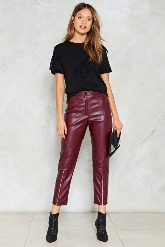 Nasty Gal Just Ride Vegan Leather Pants | shiny wine-red cropped trousers - flipped