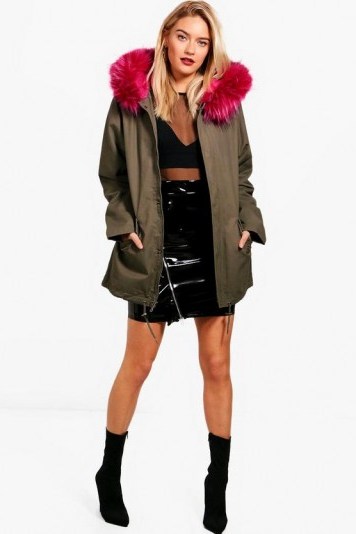 boohoo Kerry Parka With Pink Faux Fur Hood ~ khaki green jackets - flipped