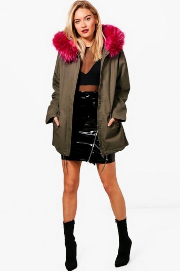 boohoo Kerry Parka With Pink Faux Fur Hood ~ khaki green jackets