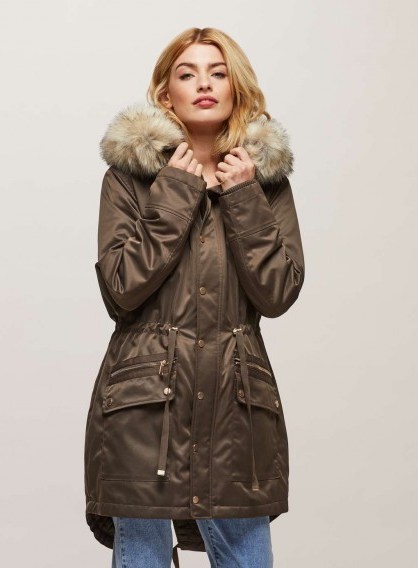 Miss Selfridge Khaki Faux Fur Trim Luxe Parka | winter coats | on-trend outerwear autumn/winter 2017-2018 - flipped