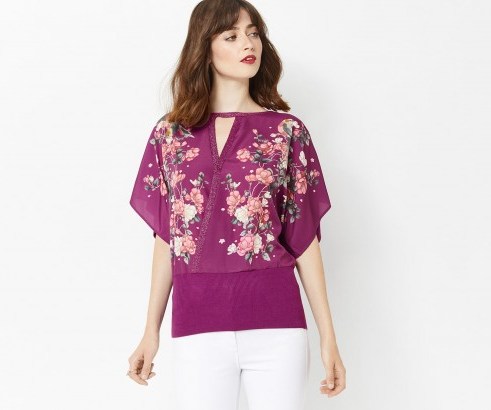 OASIS KIMONO PLACEMENT WRAP TOP ~ purple floral print wide sleeve tops - flipped