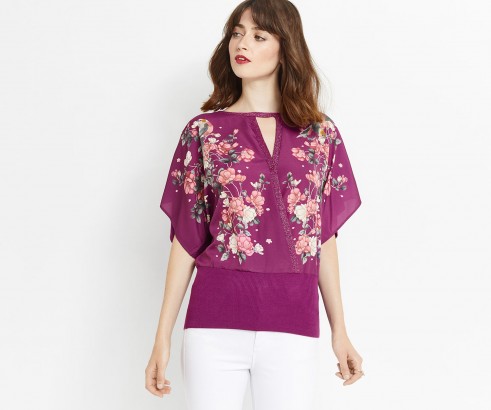 OASIS KIMONO PLACEMENT WRAP TOP ~ purple floral print wide sleeve tops