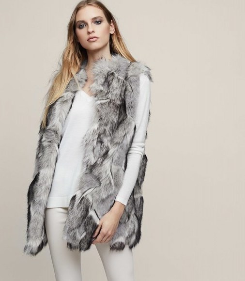 REISS KRISTA FAUX-FUR GILET MULTI GREY ~ longline fluffy gilets ~ sleeveless winter jackets ~ luxe outerwear - flipped