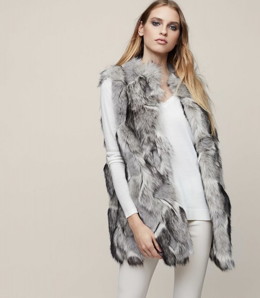 REISS KRISTA FAUX-FUR GILET MULTI GREY ~ longline fluffy gilets ~ sleeveless winter jackets ~ luxe outerwear