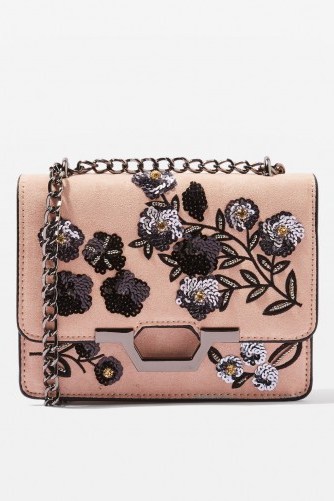 TOPSHOP KYLIE Sequin Suedette Cross Body Bag – pink floral crossbody – affordable luxe - flipped