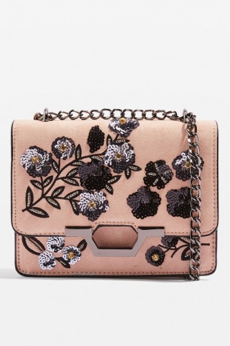 TOPSHOP KYLIE Sequin Suedette Cross Body Bag – pink floral crossbody – affordable luxe