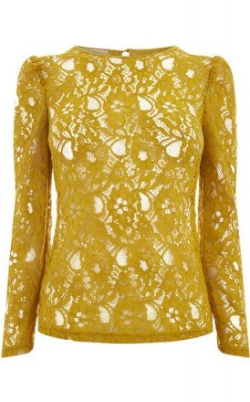OASIS LACE PUFF SLEEVE TEE / ochre-yellow floral lace tops - flipped