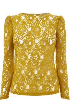 OASIS LACE PUFF SLEEVE TEE / ochre-yellow floral lace tops