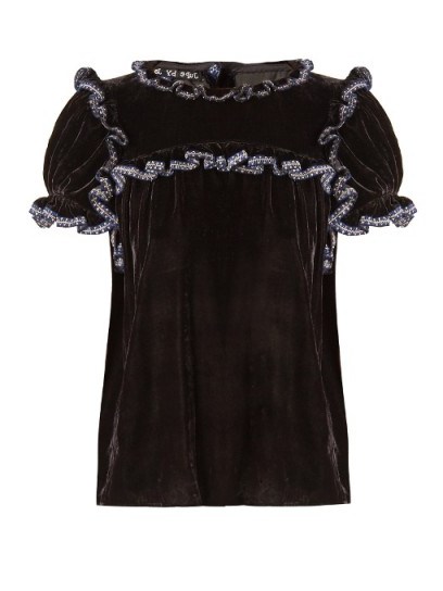 JUPE BY JACKIE Laneway ruffle-trimmed silk-velvet top | black puff sleeved tops - flipped