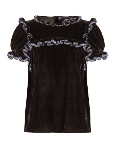 JUPE BY JACKIE Laneway ruffle-trimmed silk-velvet top | black puff sleeved tops