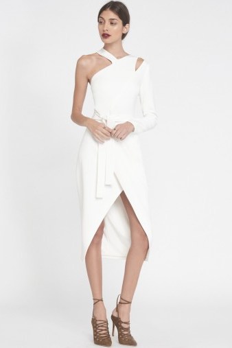 Lavish Alice Asymmetric Shoulder Cutout Dress in Off White – statement eveningwear – evening dresses - flipped