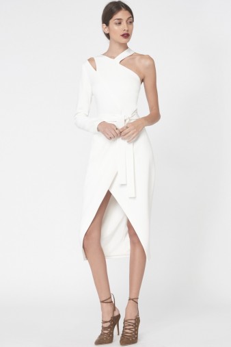 Lavish Alice Asymmetric Shoulder Cutout Dress in Off White – statement eveningwear – evening dresses