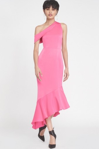 Lavish Alice One Shoulder Asymmetric Hem Dress in Fuchsia Pink Satin – style statement – evening fashion - flipped