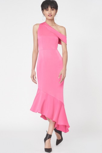 Lavish Alice One Shoulder Asymmetric Hem Dress in Fuchsia Pink Satin – style statement – evening fashion