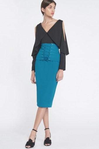 Lavish Alice Corset Panel Midi Skirt in Teal – blue front lace up pencil skirts - flipped