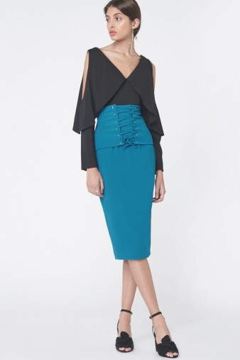Lavish Alice Corset Panel Midi Skirt in Teal – blue front lace up pencil skirts