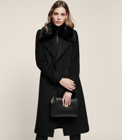 Reiss LAWSON FAUX-FUR COLLAR COAT BLACK ~ chic winter coats - flipped