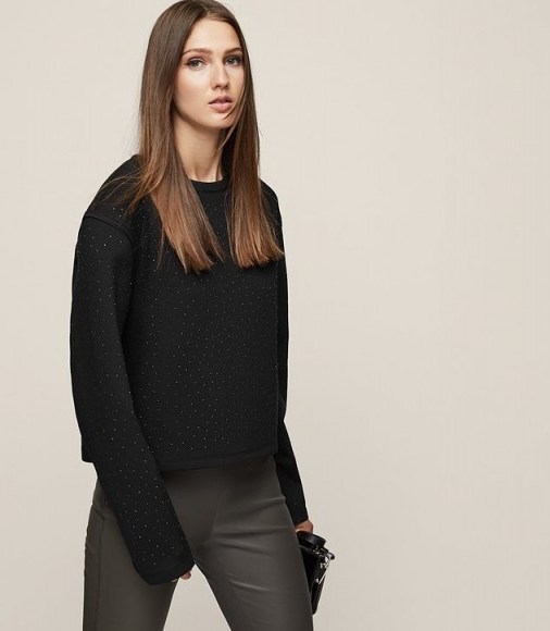 REISS LEIA CRYSTAL-STUDDED SWEATSHIRT BLACK ~ embellished sweatshirts - flipped