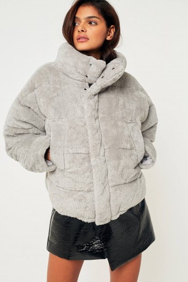 Light Before Dark Grey Teddy Puffer Jacket – casual luxe jackets – warm stylish weekend coats - flipped