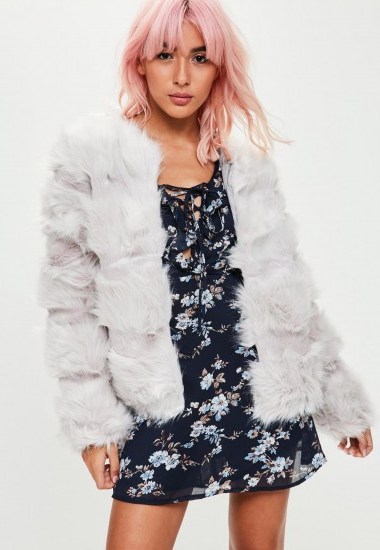 missguided light grey pelted short faux fur jacket – fluffy winter jackets – glam coats - flipped