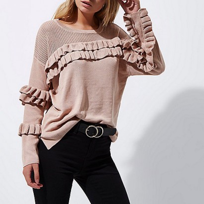 River Island Light pink knit frill front jumper ~ ruffle jumpers