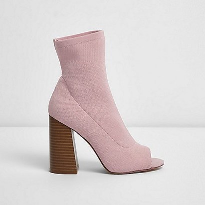 River Island Light pink peep toe heeled knit sock boots - flipped
