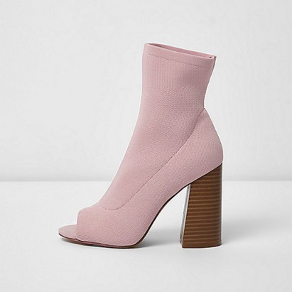 River Island Light pink peep toe heeled knit sock boots