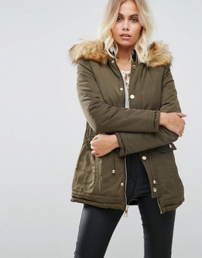 Lipsy Reversible Parka with Fur Hood | khaki-green winter jackets - flipped