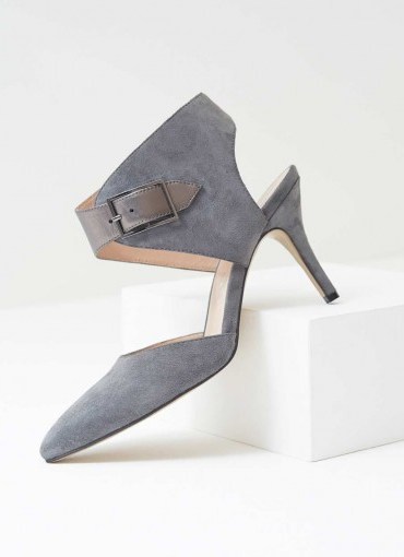 MINT VELVET LISA SMOKE CHUNKY BUCKLE HEEL / grey suede court shoes / stylish point toe courts - flipped