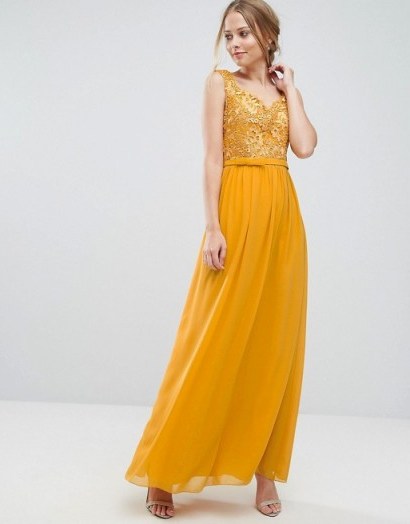Little Mistress Allover Lace Applique Top Maxi Dress ~ Ochre-yellow occasion dresses - flipped