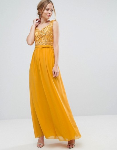 Little Mistress Allover Lace Applique Top Maxi Dress ~ Ochre-yellow occasion dresses