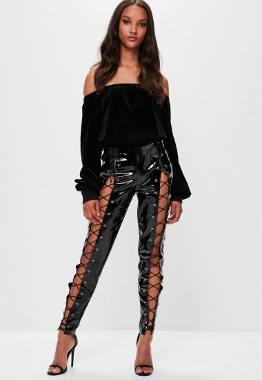 londunn + missguided black patent lace up skinny trouser / shiny pamts