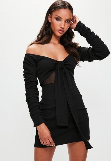londunn + missguided black tie front ribbed mesh mini dress – black bardot dresses – lbd - flipped
